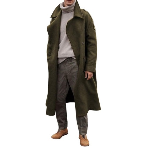 Bliwov Men's Oversized Notched Long Faux Wool Blend Trench Coat Single Breasted Knee Length Lapel Winter Jacket